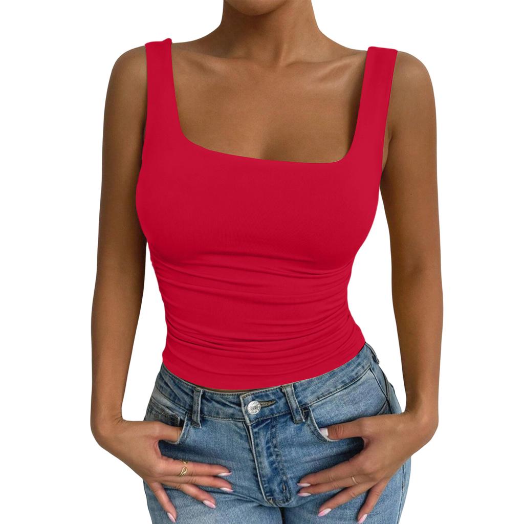 Women Sleeveless Tank Top Square Neck Casual Slim Fit Stretchy Ribbed Knit Summer Basic Layering Camisole Shirt