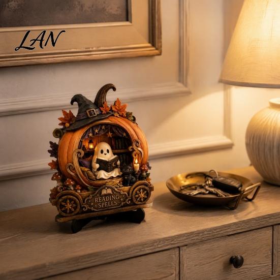 Unique Halloween Gift for Friends Reading Ghost Figurine, Retro Wooden Statue, Vintage Desktop Healing Atmosphere Home Art Ornament with Stacked Book