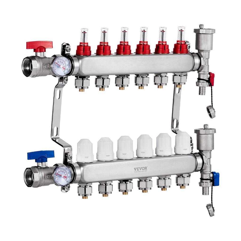 6-Branch Radiant Heat Manifold 1/2" PEX Tubing Floor Heating Manifold Set