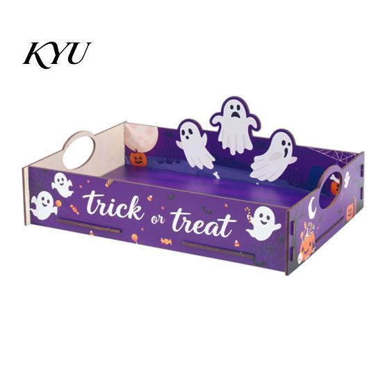 Halloween Candy Tray Witch Decorative Wood Serving with Handle, Ghost Pumpkin Castle Creative Party Supplies Trick or Treat Dessert for Accessories