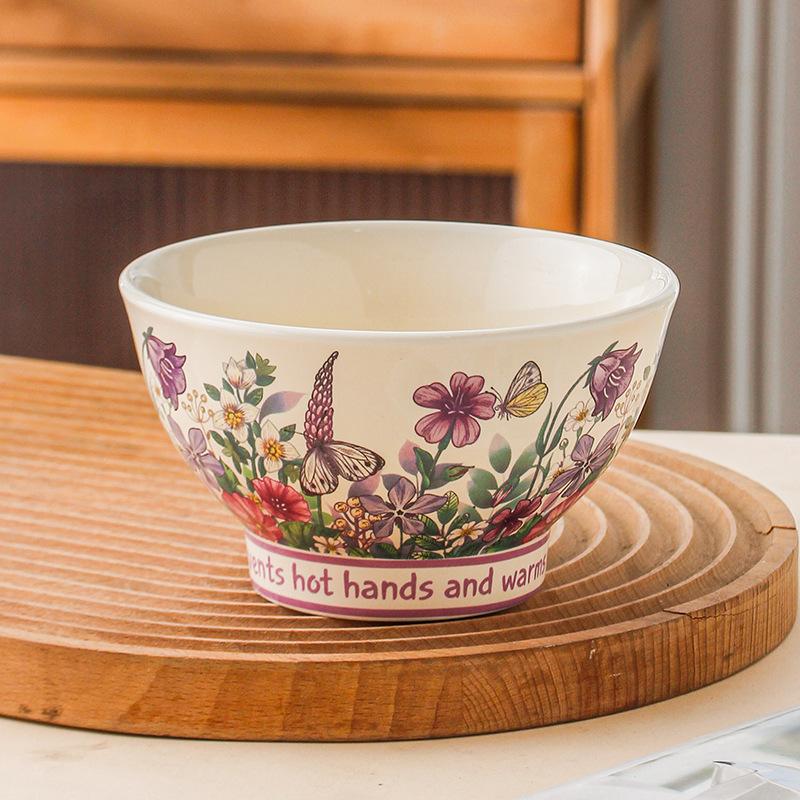 Flowering Hat Bowl Glazed Color Household Ins Style Tableware High Foot Rice Bowl Noodle Bowl Ceramic Rice Soup Bowl