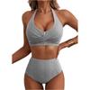 Women Neck High Waist Bikini Set Two Piece Swimsuit with Vertical Stripe Print and Ruched Top Design for Beachwear
