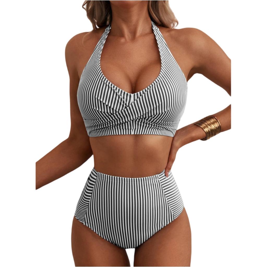 Women Neck High Waist Bikini Set Two Piece Swimsuit with Vertical Stripe Print and Ruched Top Design for Beachwear