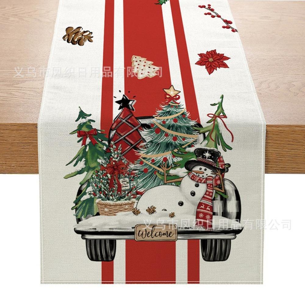 Christmas Table Runner Winter Snowman Santa Print Dining Table Mat for Holiday Decor