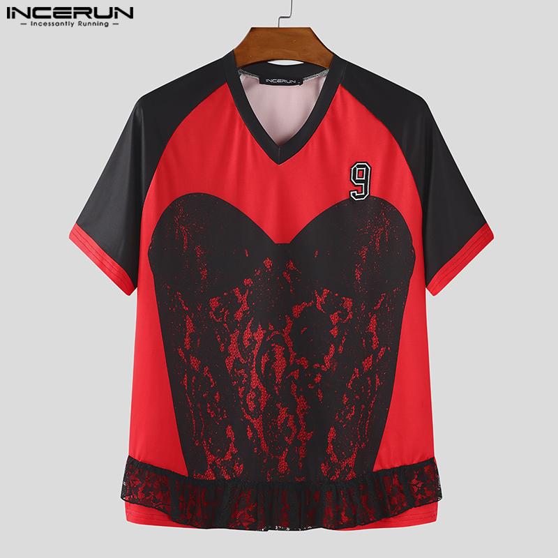 INCERUN Summer Men Short Sleeve Lace Patchwork Print Casual T-shirts Tee Tops