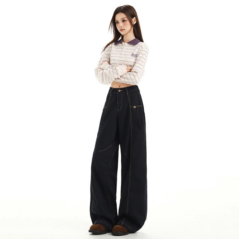 Women's Autumn Retro High Street Loose Fit Straight-Leg Wide Mop Jeans