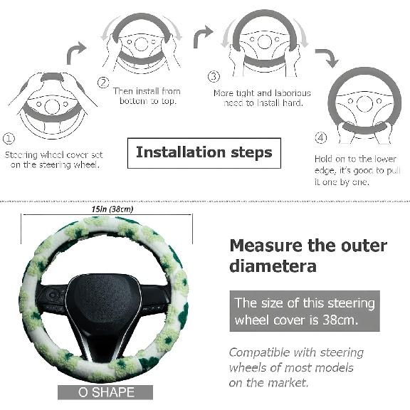 Green Plush Flowers Steering Wheel Cover Auto Jacquard Steering Wheel Protector, Anti-Slip, Breathable, Absorbing Sweat, Universal Car Accessories