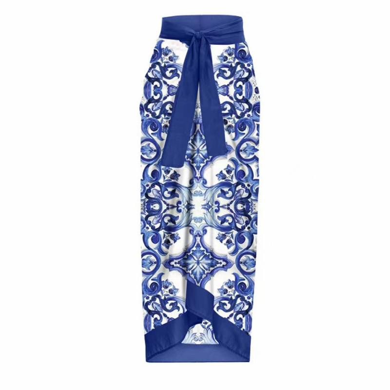 2024 European Retro French Print One-Piece Skirt Swimsuit for Women One Size