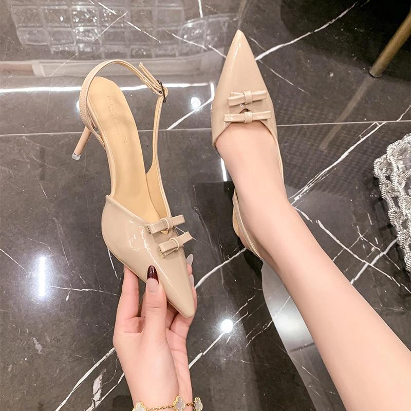 2025 Sexy Women High Heels Pumps Shoes Sandals Slingbacks Patent Leather Pointed Toe Party Wedding Shoe Office Black 35-41