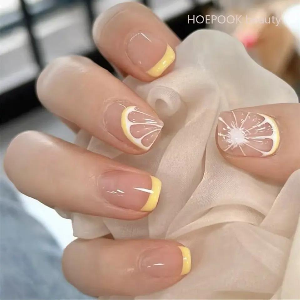 24Pcs French Lemon Yellow Full Cover Coffin False Nails With Glue Seamless Removable Press On Nail Tips For Women