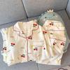 Cute Little Cherry Wrinkled Cloth Pajamas Women'S Spring Pastoral Long-Sleeved Cardigan Loungewear Two-Piece Set