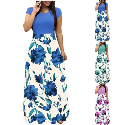 Women's Fashion Casual Print Round Neck Short-Sleeved Large Size Long Dresses