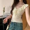 Chic Ruffle Edge Lace-up Vest Knitted Sweater Women's Summer Sweet Wind Slim and Thin Temperament Sleeveless Top