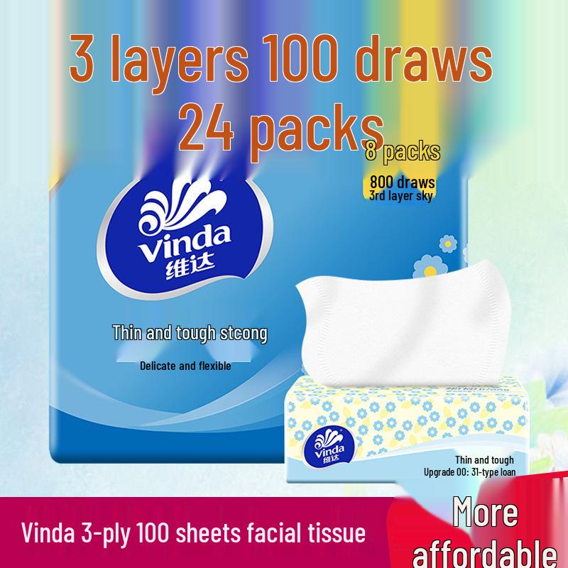 Mouchoirs Faciaux Vinda 3 Plis - 8 Paquets, 100 Essuie-tout Chacun, Abordables pour un Usage Domestique