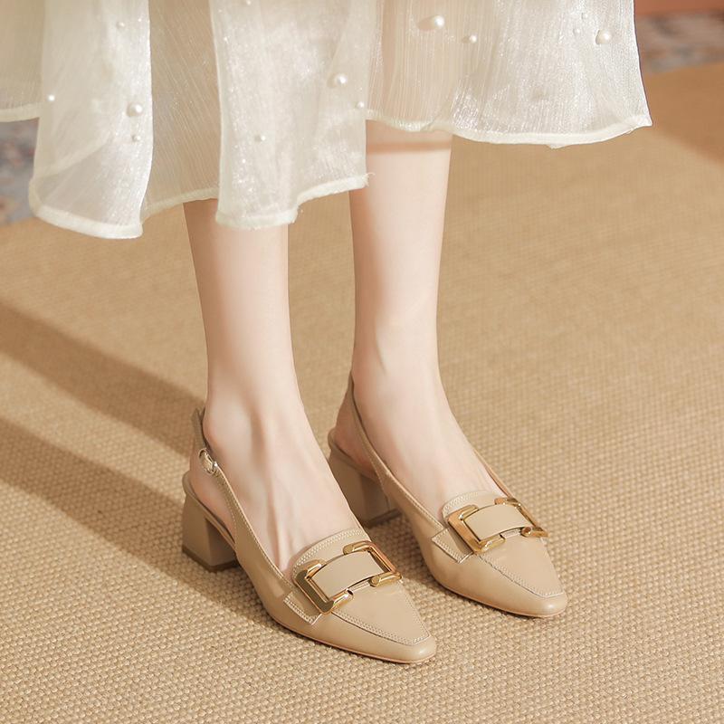 Spot Leather Bag Head Sandals Women's Summer New Thick Heel Light Mouth Empty Women's Shoes Thick Heel Single Shoes