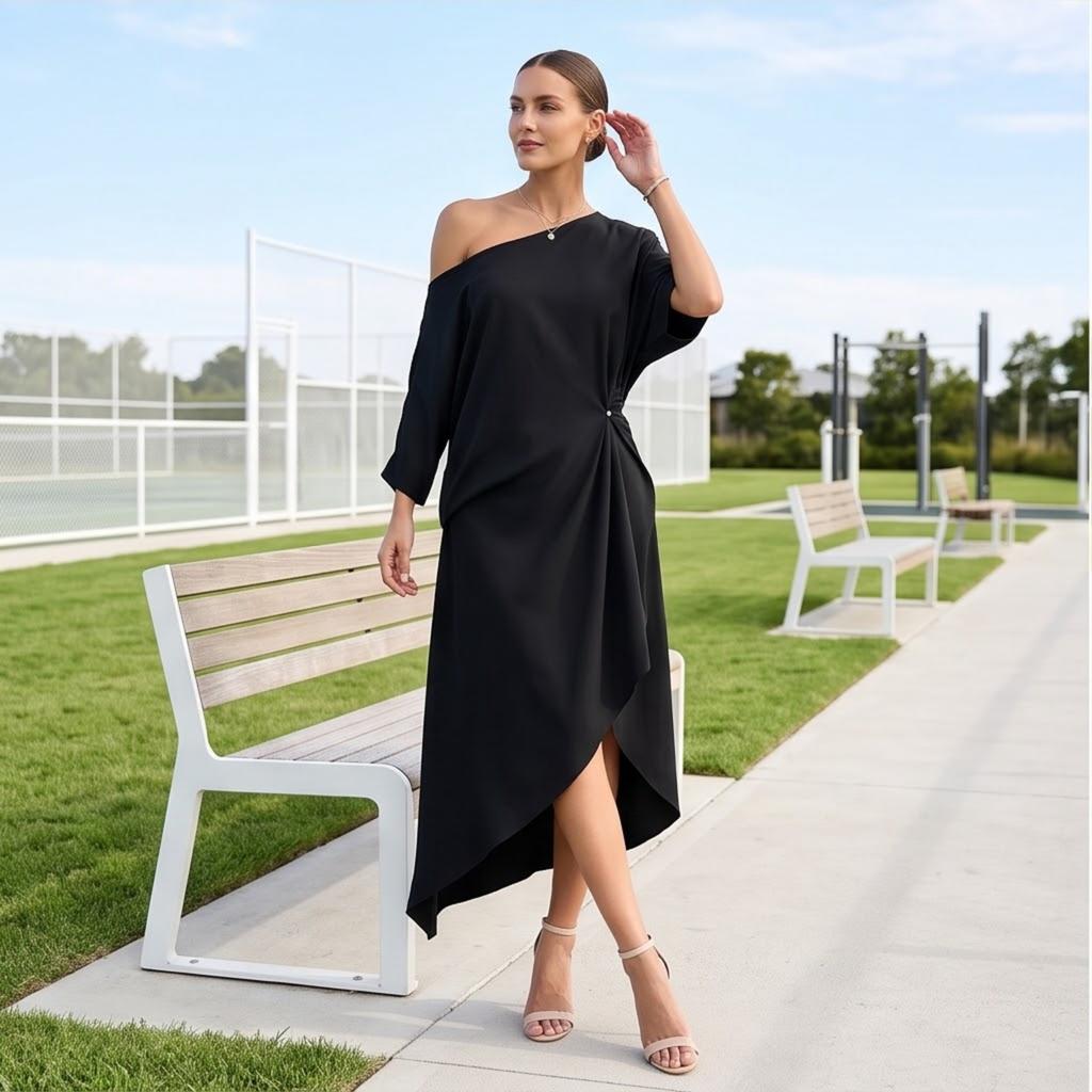 Elegantes Damen-Satin-Off-Shoulder-Farbenkleid mit asymmetrischem Schlitz für Cocktailparty-Abendgarderobe