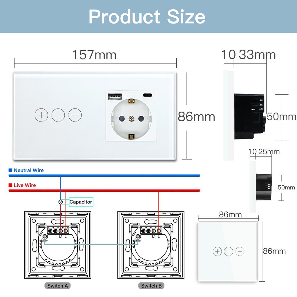 BSEED LED Touch Dimmer Schalter Wanddimmer 1-fach 2-Wege Sensor Schalter Plus EU Steckdosen USB Typ-c Gehärtetes Glas Wasserdicht 2er Pack
