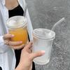 OLOEY Aesthetic Vertical Stripe Glass Beverage Cup with Curved Straw