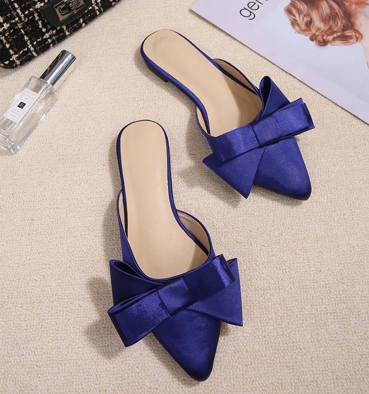 Fashion Silk Pointed Toe Flat Slippers Women's Outer Wear Summer Net Red All-match Fashion Bow Baotou Sandals and Slippers
