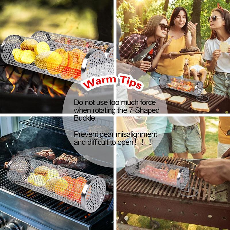 Stainless Steel Rolling Grilling Baskets 360° Large Heavy Duty BBQ Basket Round Mesh Rotation Barbecue Cage Cooking Accessories