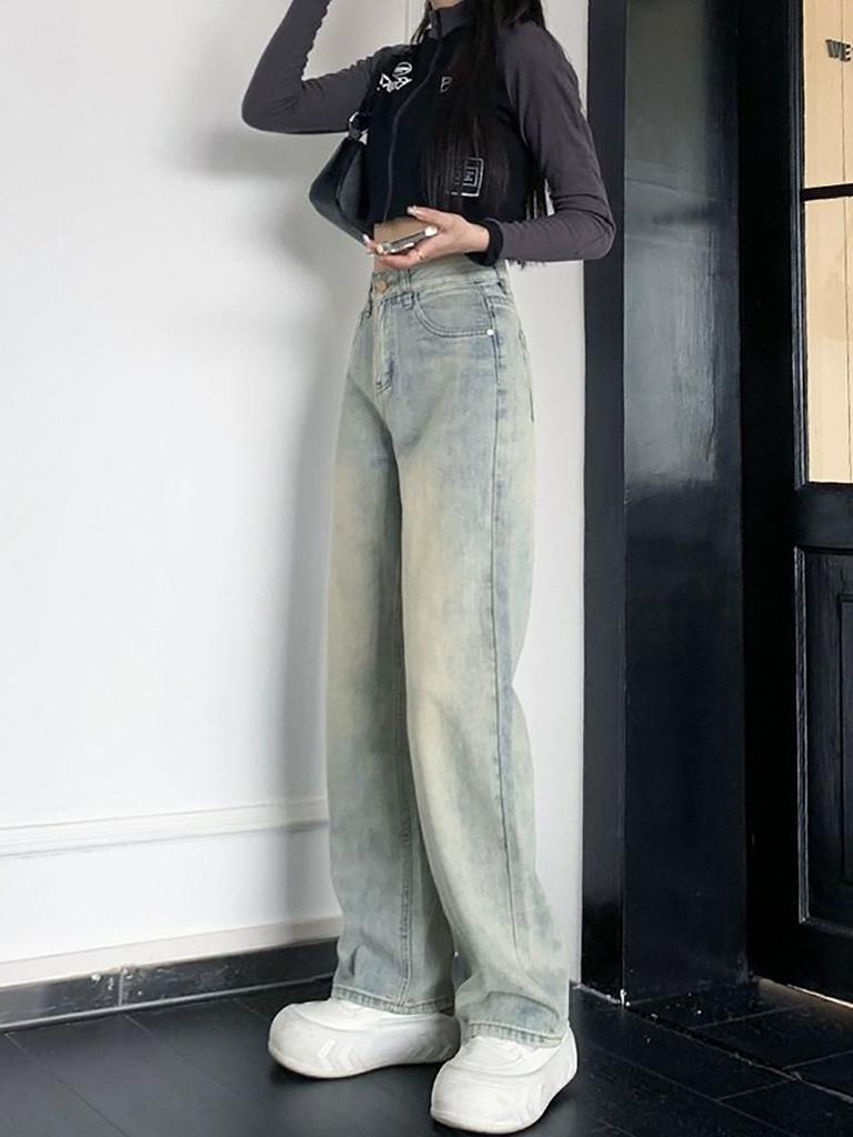 Narrow Wide Leg Jeans Women's Loose Drape High Waist Straight Pants