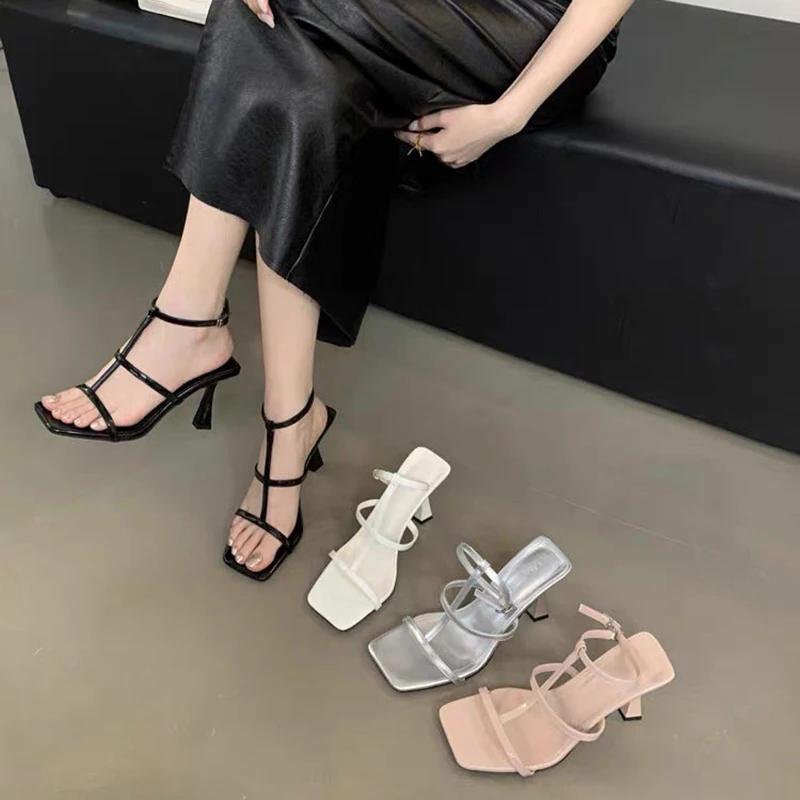 Fashion Women's Thin Strap Anckle Buckle Sandals Luxury Square Toe Thin Heel Sandalias Female High Quality Party Platform Sandals Mujer