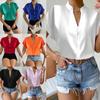 Women Solid Folds PU Leather Button Turn Down Collar Bodycon Working Black Blouse Tops