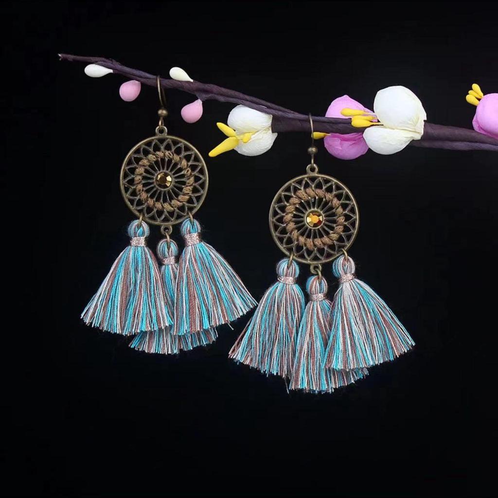 Bohemian Turquoise Owl Dream Catcher Tassel Earrings for Women