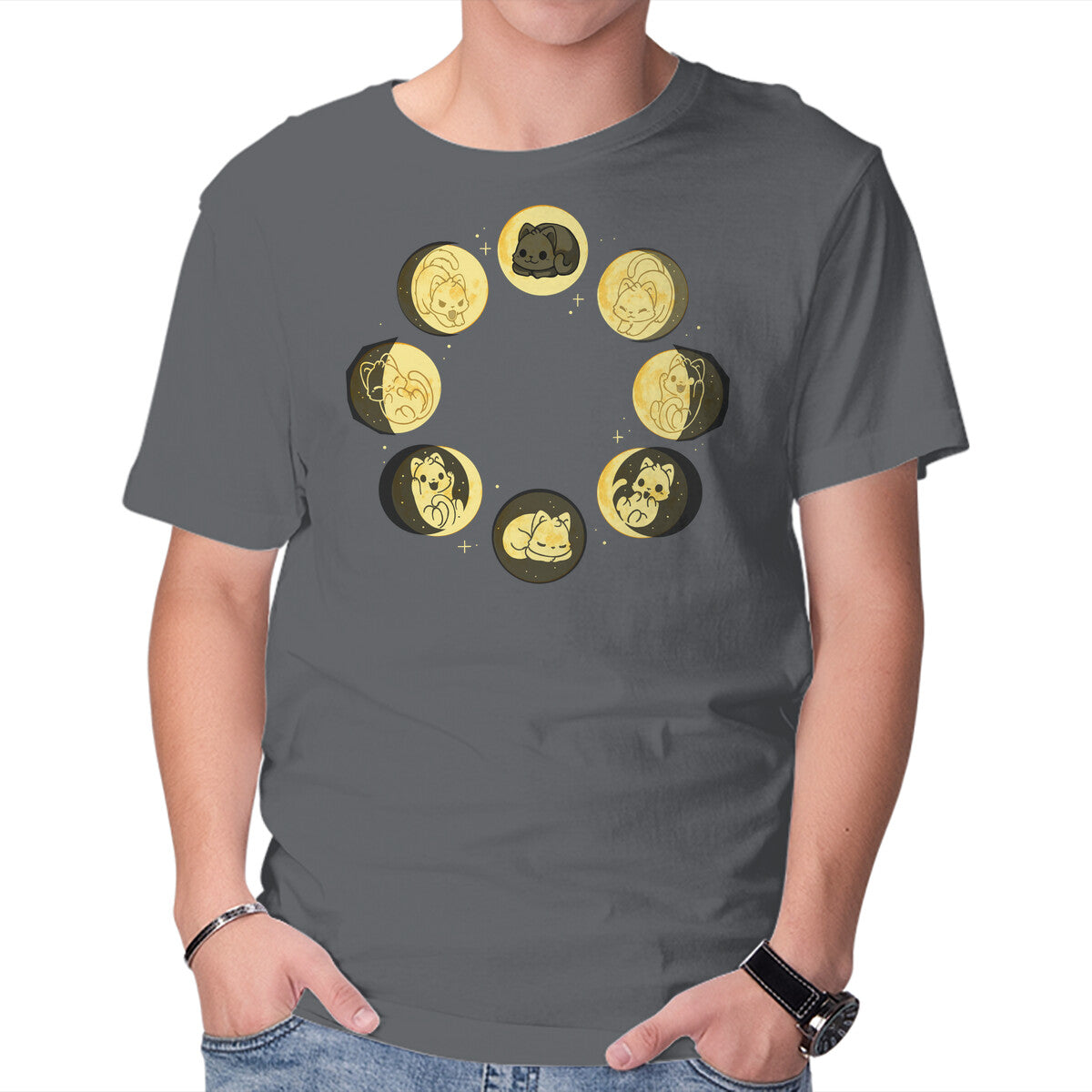 Unisex Crew Neck T-Shirt Moon Cat Phase Graphic Short Sleeve Casual Tee M