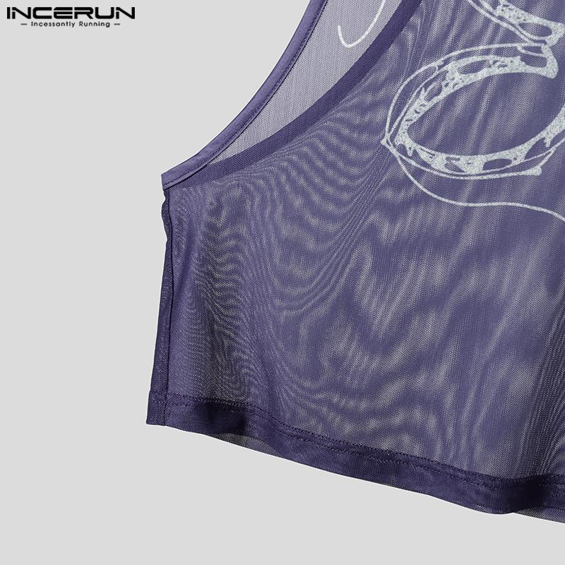 INCERUN Men Sling Sleeveless Print Mesh Sheer Tank Tops Camisole Undershirts