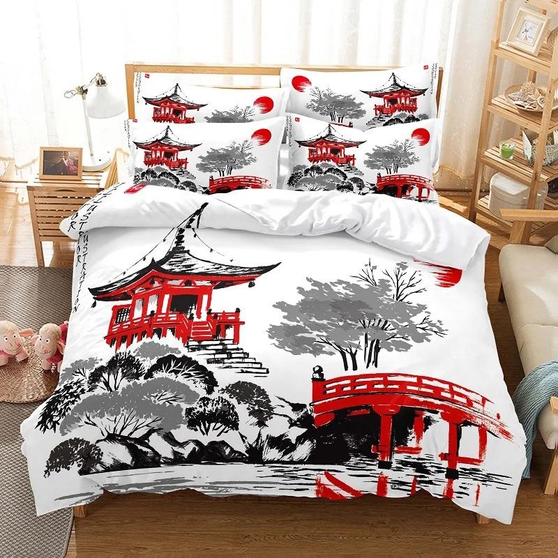 3D Oriental Ink Wash Painting Bedding Set, Bamboo Painting Print Duvet Cover with Pillowcases for Adults Teens