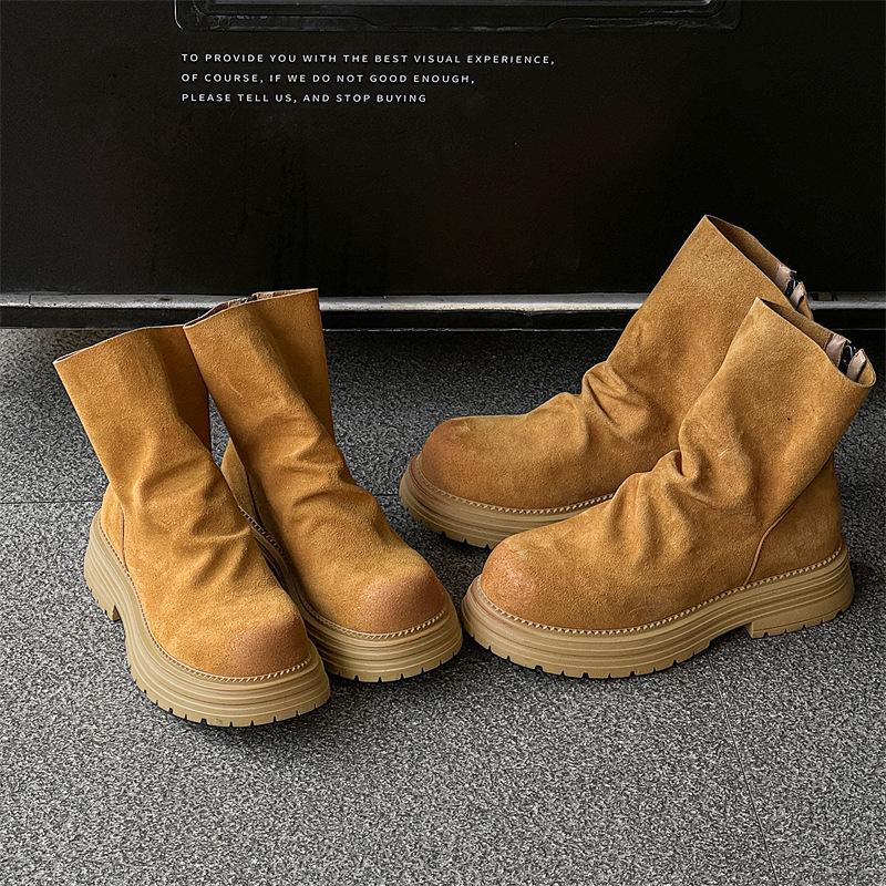 Women's shoes temperament elastic thin boots stacking boots round head short boots thick sole-J