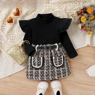 Vêtements pour enfants Filles Automne Hiver Col Montant Manches Longues Tweed Tissé Jupe Courte Ceinture Style Tendance Tenue pour Tout-Petit