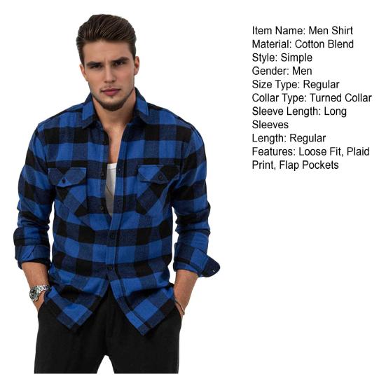 Men Casual Shirt Lapel Long Sleeve Plaid Print Shirt Tops Single Breasted Loose Fit Flap Pockets Shirt Tops