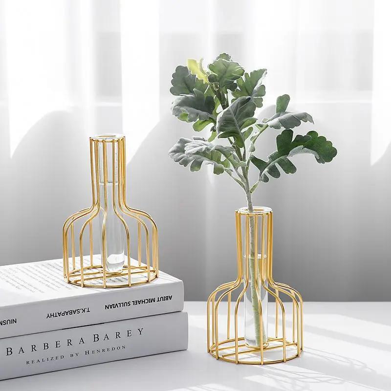 1 Set Of Gold Wrought Iron Metal Vase Hydroponic Container Test Tube Vase Living Room Illustration Decoration Flower Decor