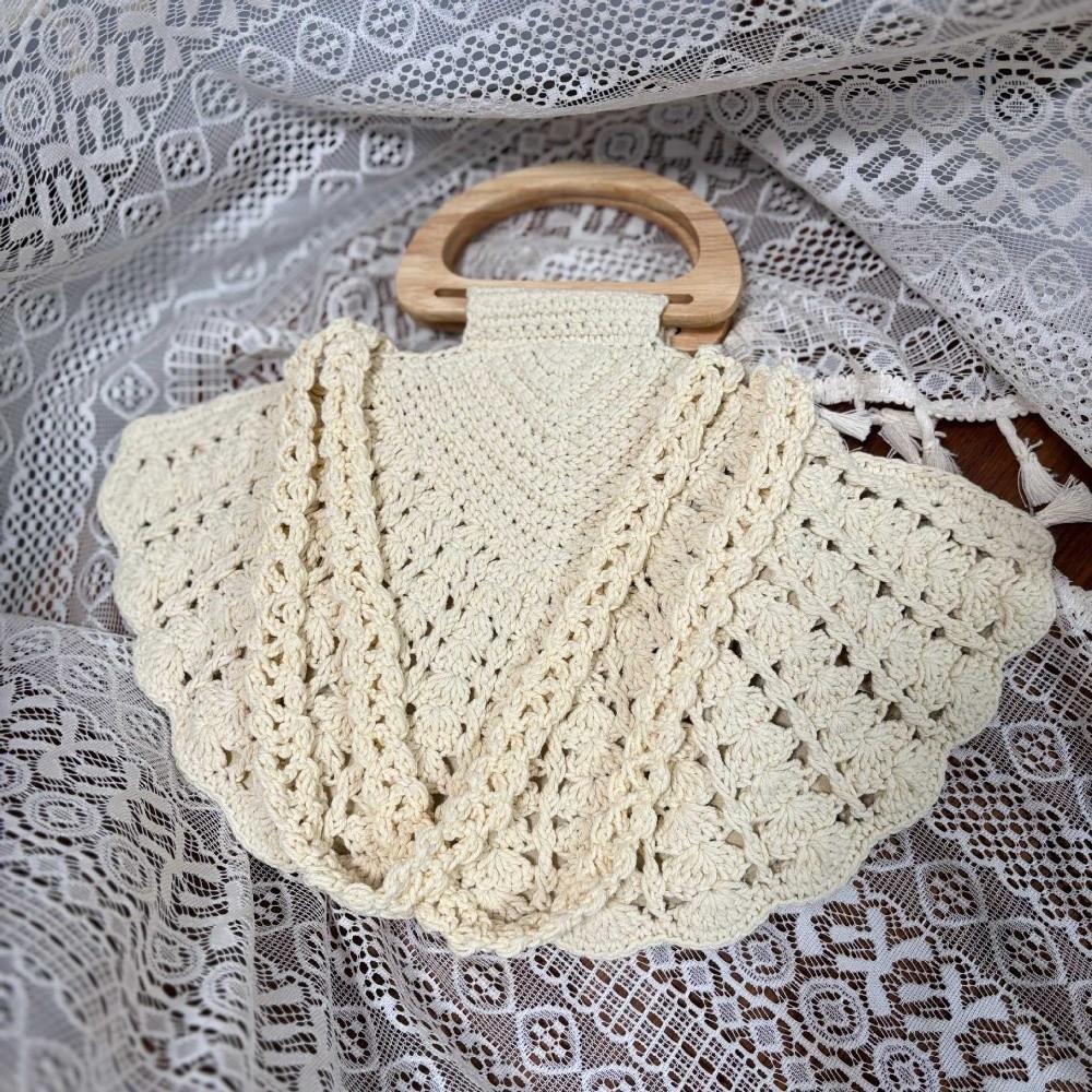 Casual Shell Shape Crochet Woven Bag Large Capacity Boho Wooden Handle Shoulder Bag Handmade Solid Color Underarm Bag Beach