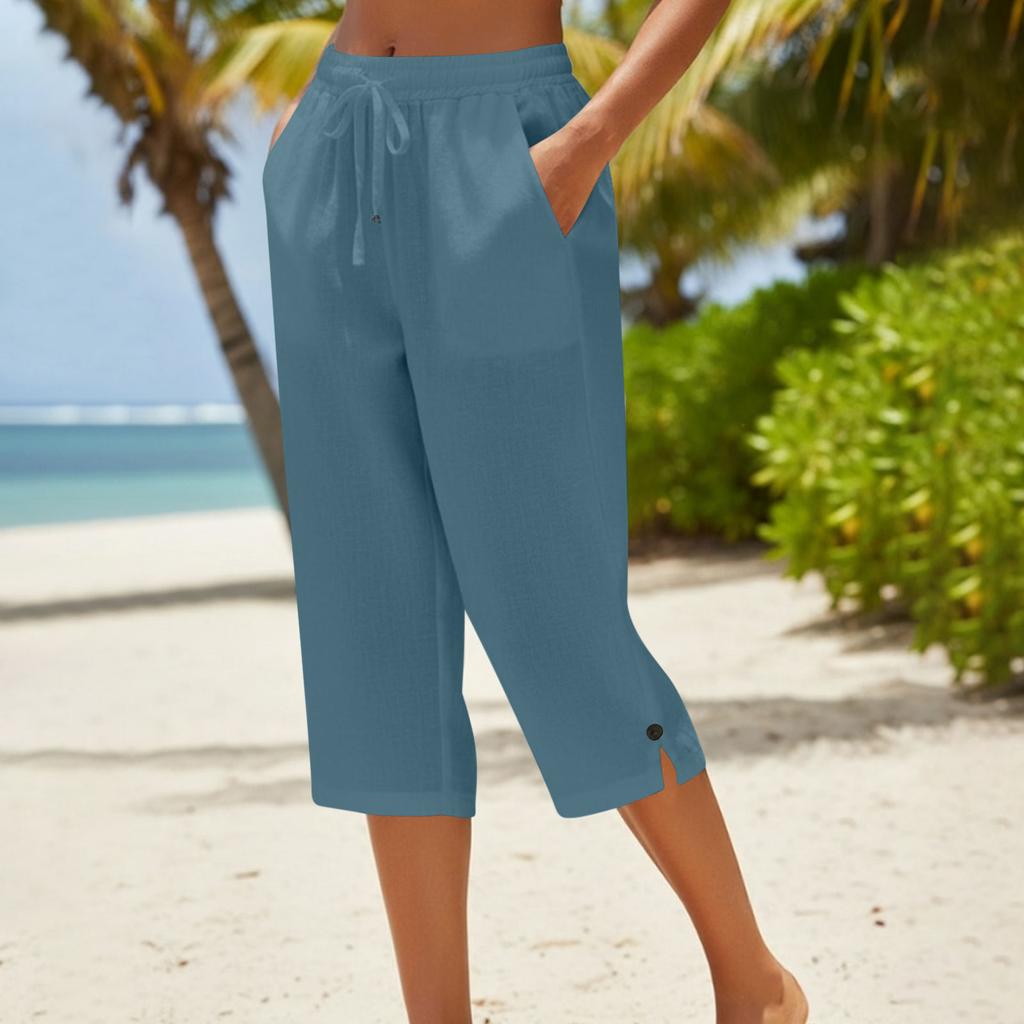 Women's -color Cotton And Linen Three-quarter Length Pants