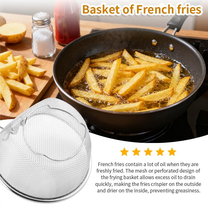 Stainless Steel Deep Fry Basket with Folding Handle Round Wire Mesh Deep Fry Basket for Air Fryer Fry Daddy for French Fries
