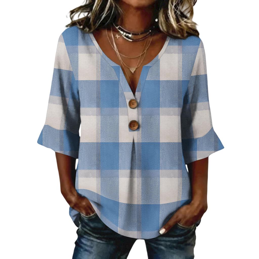 Ladies' plaid printed button casual V-neck fashionable seven quarter sleeve top