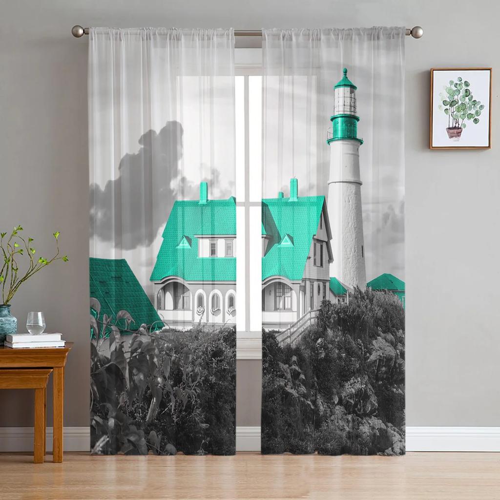 Sheer Watercolour Lighthouse Big Surf Seabird Curtains Living Room Bedroom Decoration Window Voiles Morning Tulle Curtain Polyester Washable Great