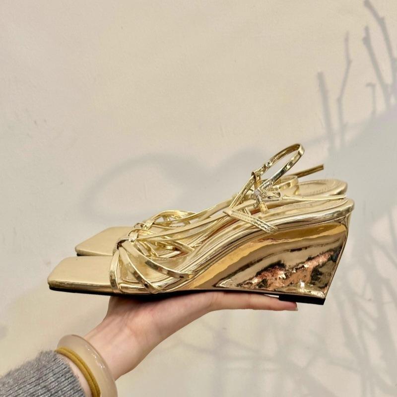 French temperament square head word with wedge heel sandals women's summer 2025 new retro leopard print cross with platform sandals