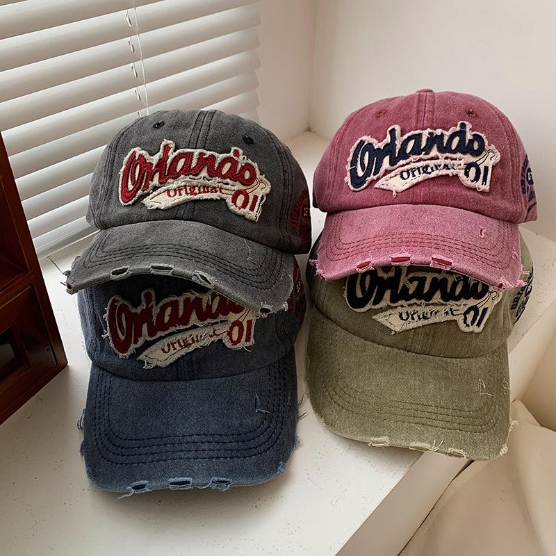 Vintage Vintage Baseball Cap with Washed Holes, Denim Wide Brim, Duckbill Cap, Face Enhancing Small Hat