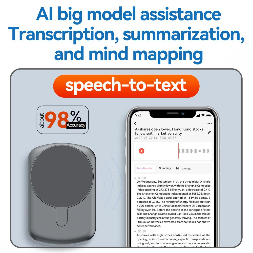 AI Voice Recorder 64GB Audio Recorder App Control Intelligent STT Engine Real Time Transcribe and Translate Summarize