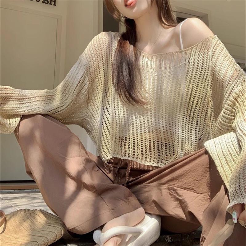 

Летняя градиентная трикотажная рубашка женская с длинным рукавом, ажурная солнцезащитная, свободная, рукав летучая мышь, тонкий, утягивающий топ 3XL жёлтый