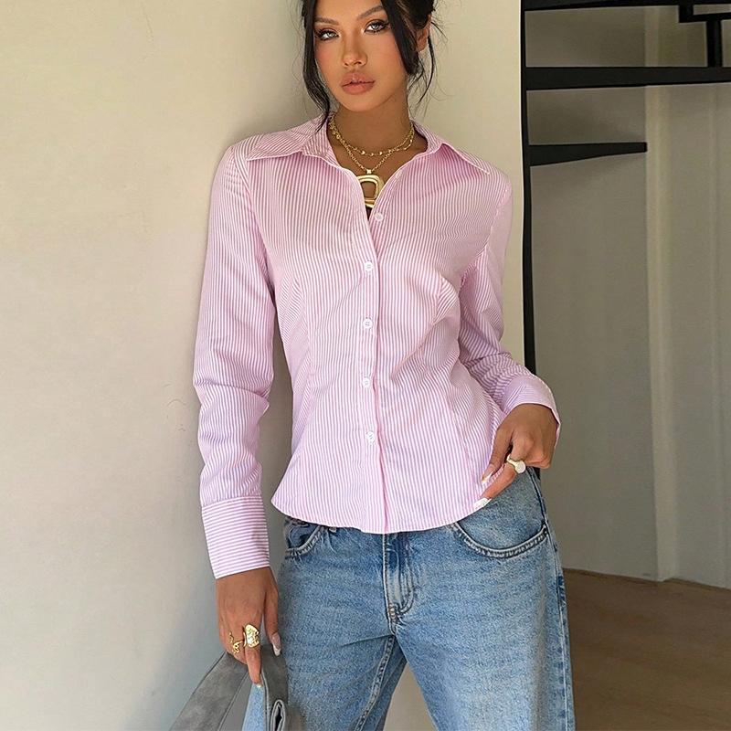 Autumn Temperament Striped Waist Long-sleeved Shirt Lace-up Shirt for Women