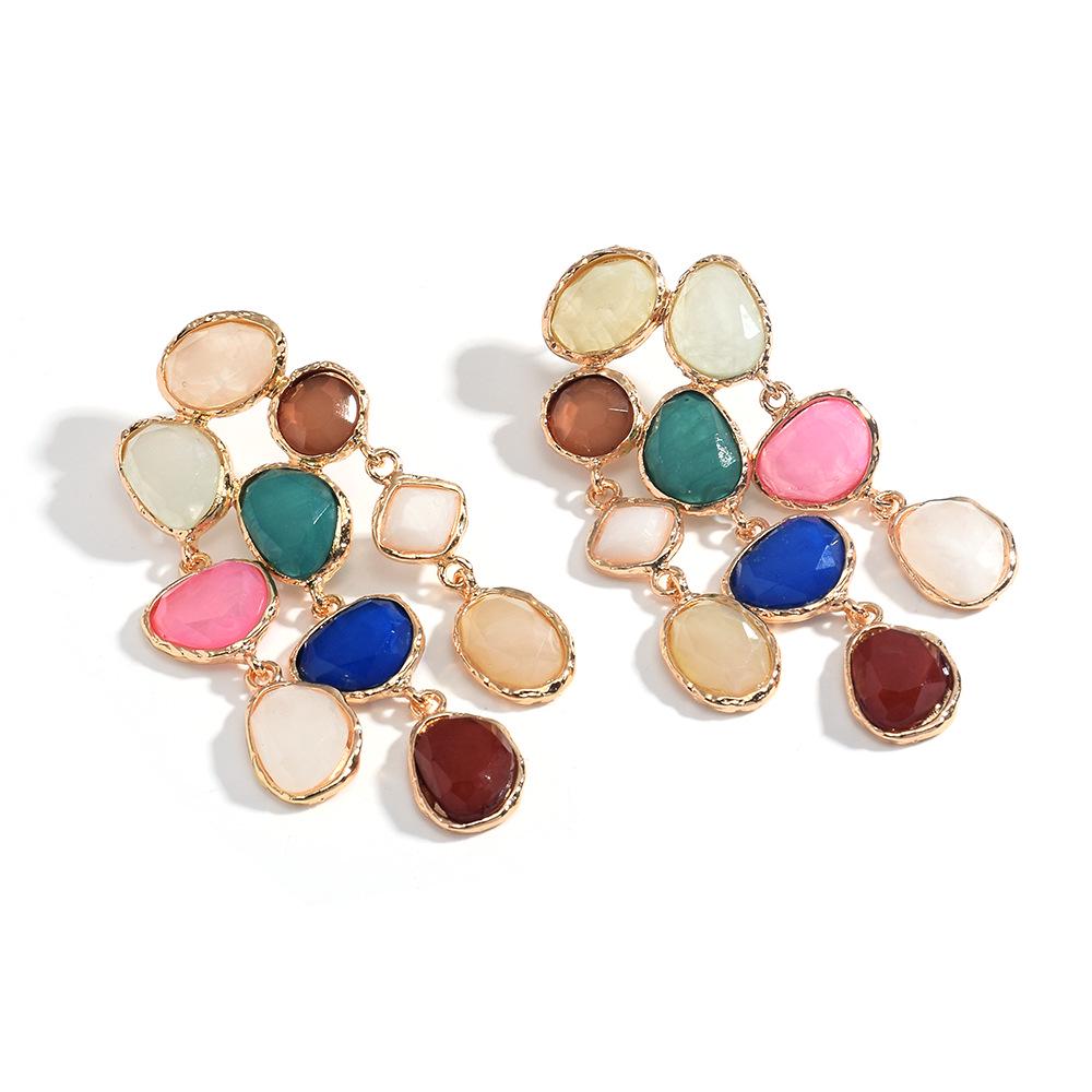 Bohemian Geometric Gem Dangle Earrings – Colorful Retro Resin Design for Women