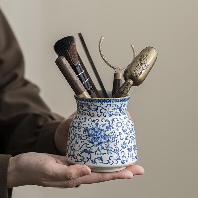 Ru Kiln Twisted Branch Lotus Tea Ceremony Six Gentlemen Set Tea High-grade Ceramic Storage Tube Tea Ceremony Zero with Tea Clip Tea Spoon