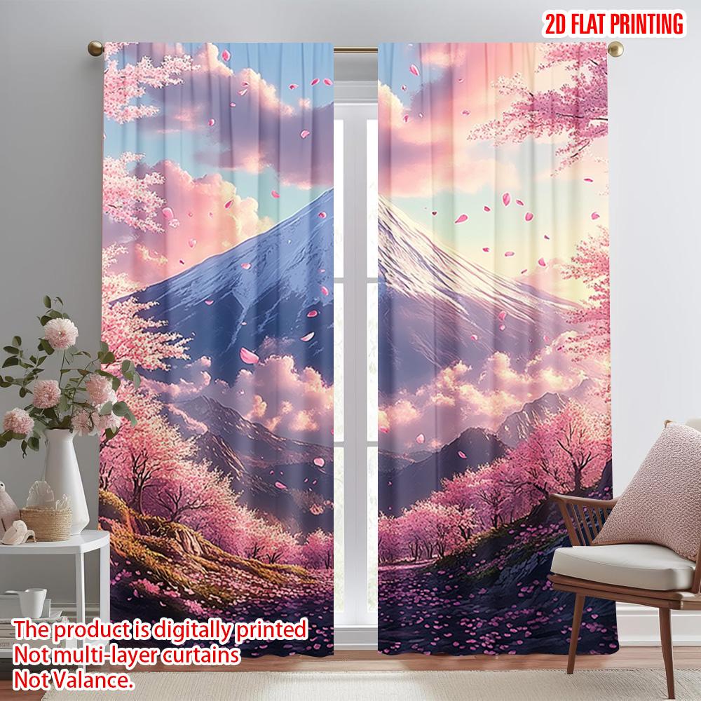 2pc  2D plane printing Contemporary Curtains Cherry blossoms and Mount Fuji Polyester (without rod) All Seasons Ldeal for