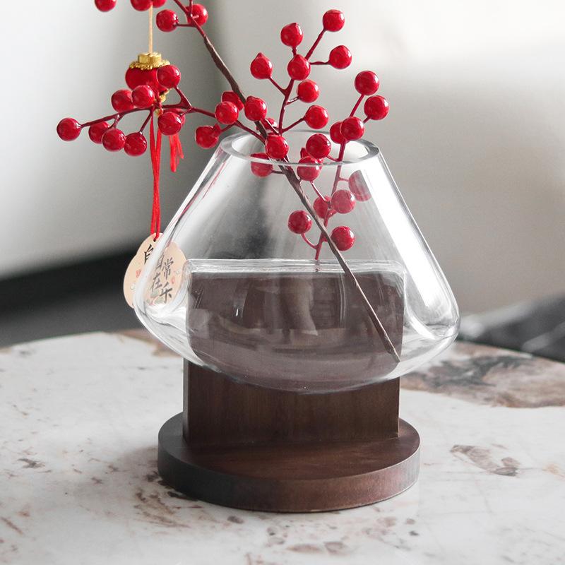 Geometric Transparent Glass Vase, Living Room Decoration, Wooden Base, Glass Container, Flower Arrangement, Home Decoration