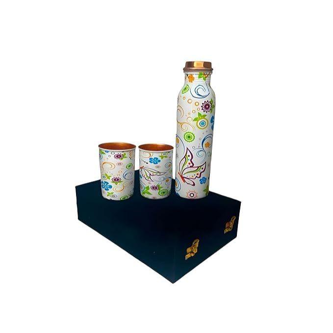 Copper Water Bottle 1 Ltr | Copper Water Bottle with Glass Set | Meena Work | 100% Pure | Leak-Proof | 2 Water Glass 300ml each